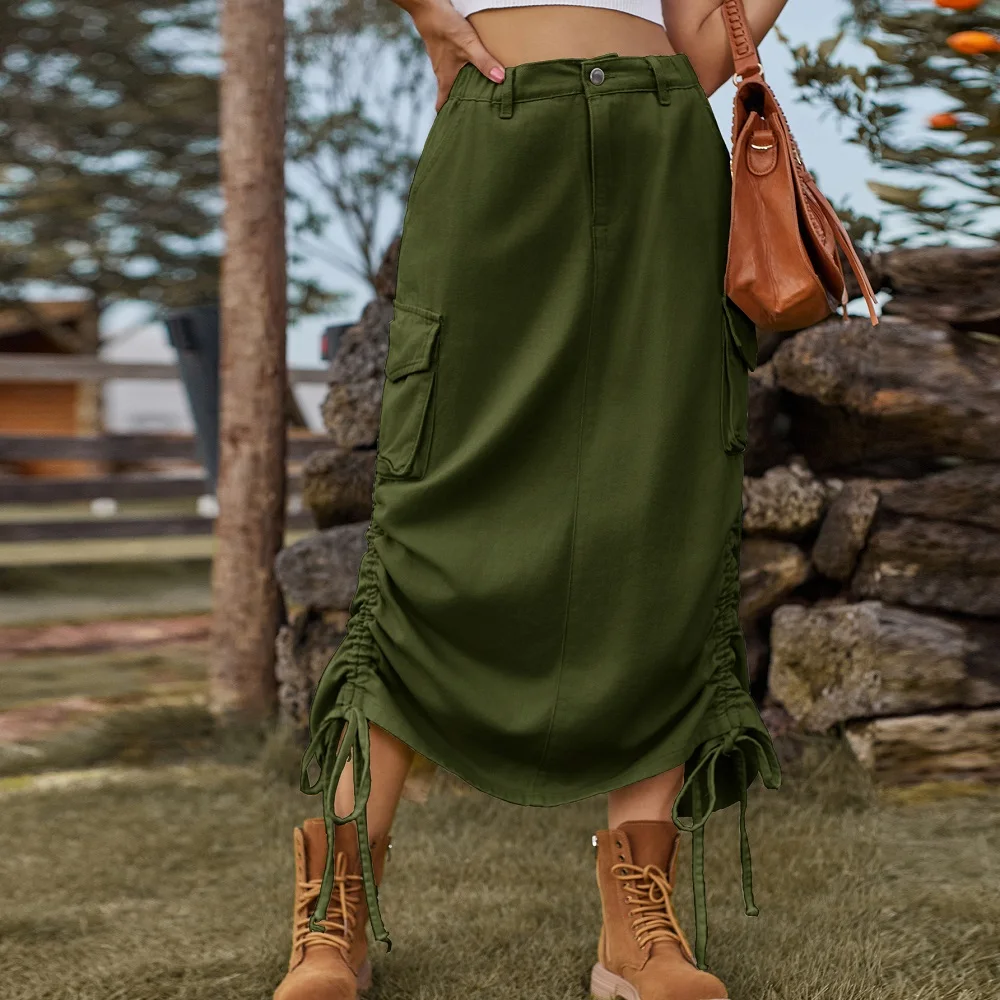 

Women Denim Cargo Skirt Elastic Waist Back Split Side Bandage Jean Skirt with Y2K Flap Pockets All Seasons Skirt Two Colors