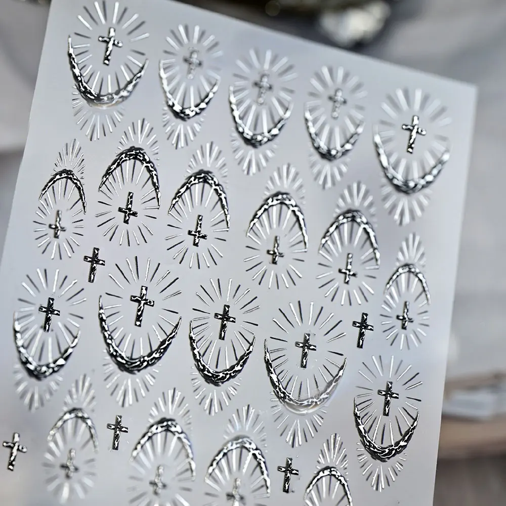 1개 5D 엠보싱 골드 크로스 프렌치 네일 스티커 홀리 라이트 프렌치 라인 크로스 네일 데칼 8*10cm 셀프 접착 크로스 네일 데코