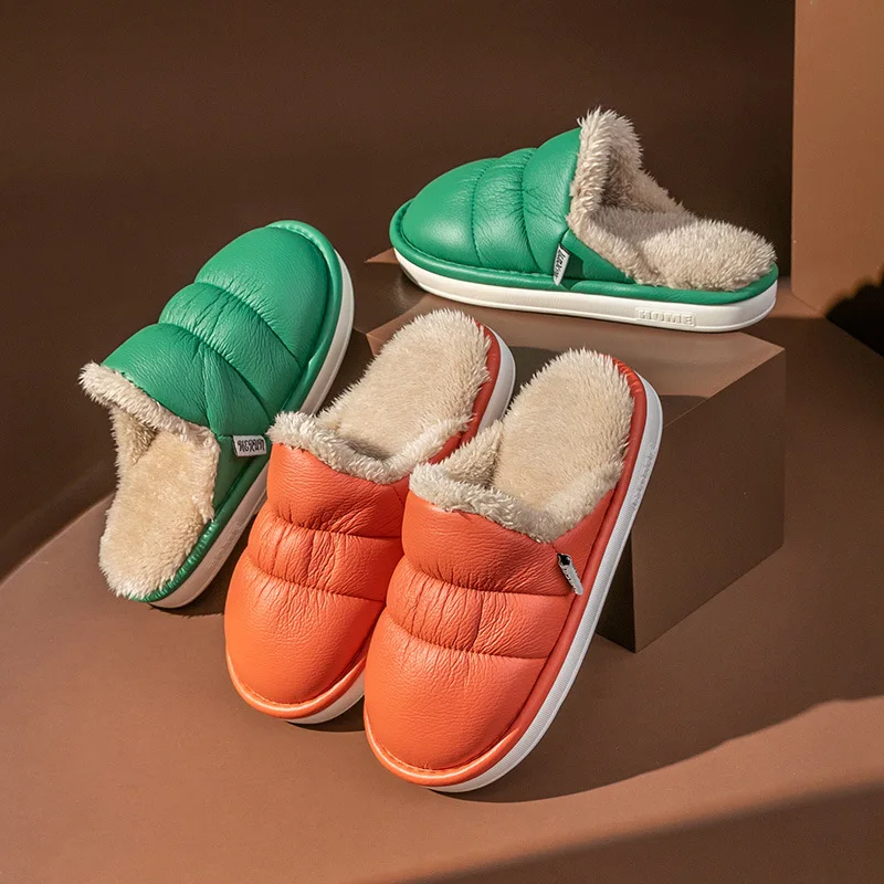 

Home Cotton Shoes Women Winter Warm Slippers Unisex Pu Leather Waterproof Anti-Slip Soft Wraps Shoes Soft Memory Foam Sole Slids
