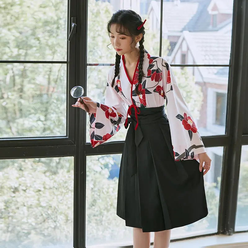 

School Girl Hanfu Costume Chinese Traditional Cosplay Two Piece Set Women Sexy Birthday Outfits Elegant Flower Print Top Skirt