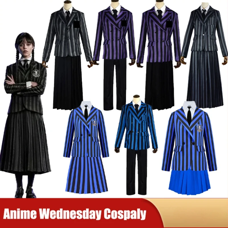 

Anime Wednesday Addams Cosplay Costume Nevermore Academy Striped School Uniforms For Girls Boys Halloween Party Wig Fancy Dress