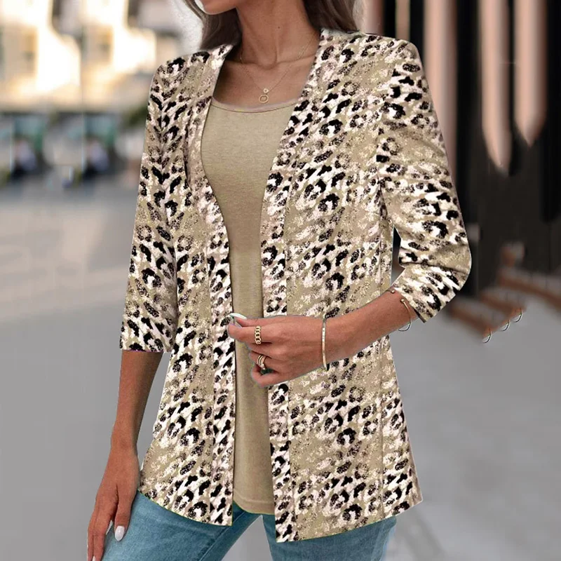 

Fashion Autumn New Women Fake Two Piece Blouses Simple Casual Solid Leopard Print O-Neck Bodycon Pullover Cardigan Shirts Female