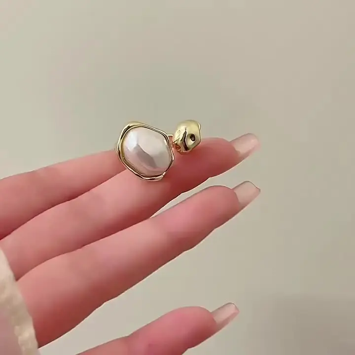 模造バロックパールデザイン幾何学的形状メタルオープンリング 2024