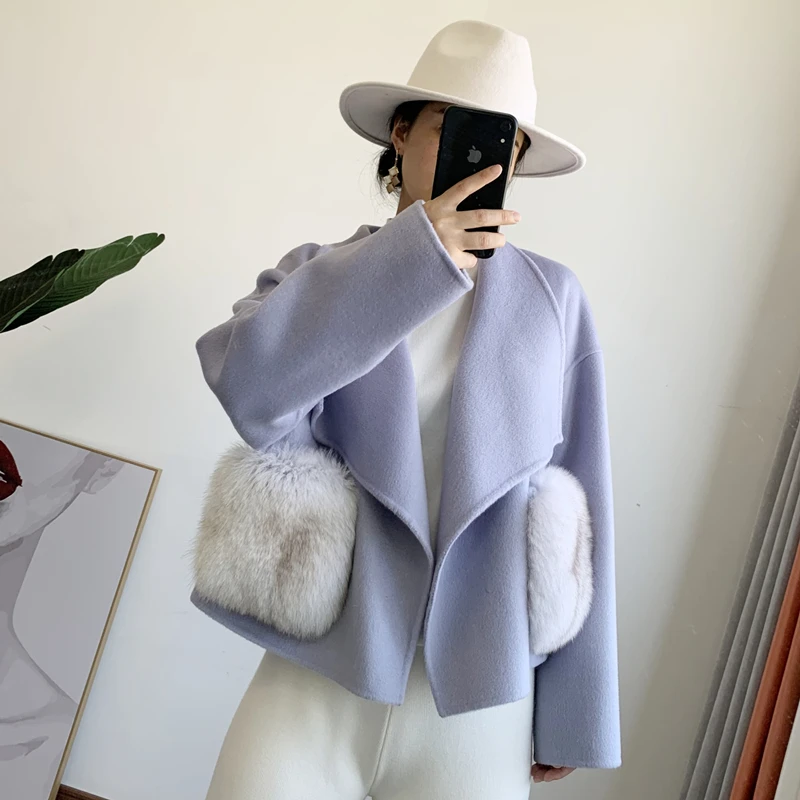 

New 2023 Women Cashmere Cardigan With Fur Long Wool Coat fashion ladies cropped Real Fur Jacket