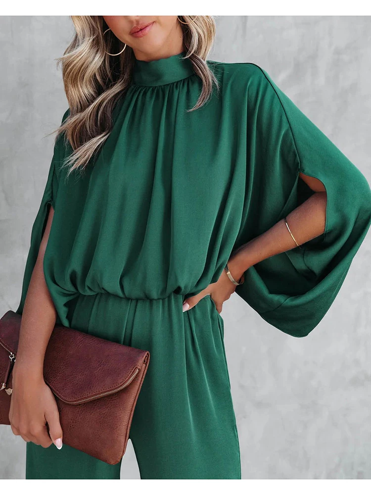 Long Sleeve Jumpsuit - Elegant Night, Solid Color, Wide Leg