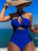 Sexy Solid Color Hanging Neck Hollow out Bikini One Piece Swimsuit for Women High Elastic Backless Crossbody Swimwear
