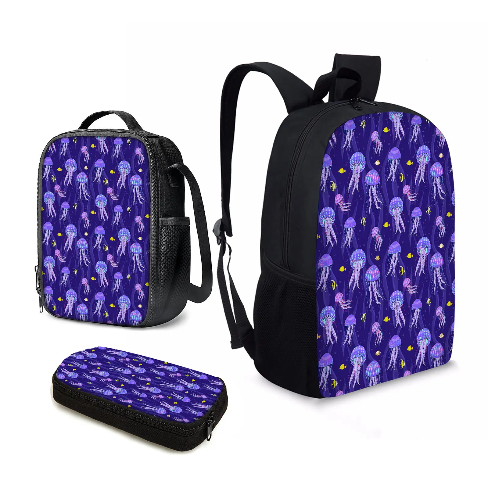 

YIKELUO 3PCS Trendy Cartoon Purple Jellyfish Design Back To School Gifts For Kids Cartoon Small Yellow Croaker Spring Outing Bag