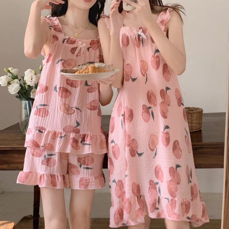 

Kawaii Cherry Peach Nightgowns Women Summer Sleeveless Night Dress Pajamas Set Cute Ruffle Edge Sleepwear Soft Nighty for Ladies