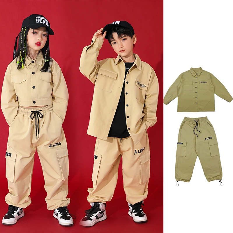 

Khaki Street Dance Suit Hip Hop Dancewear Shirt Cargo Pants Girls Kpop Jazz Dance Outfit Children Rave Festival Clothes YS4510