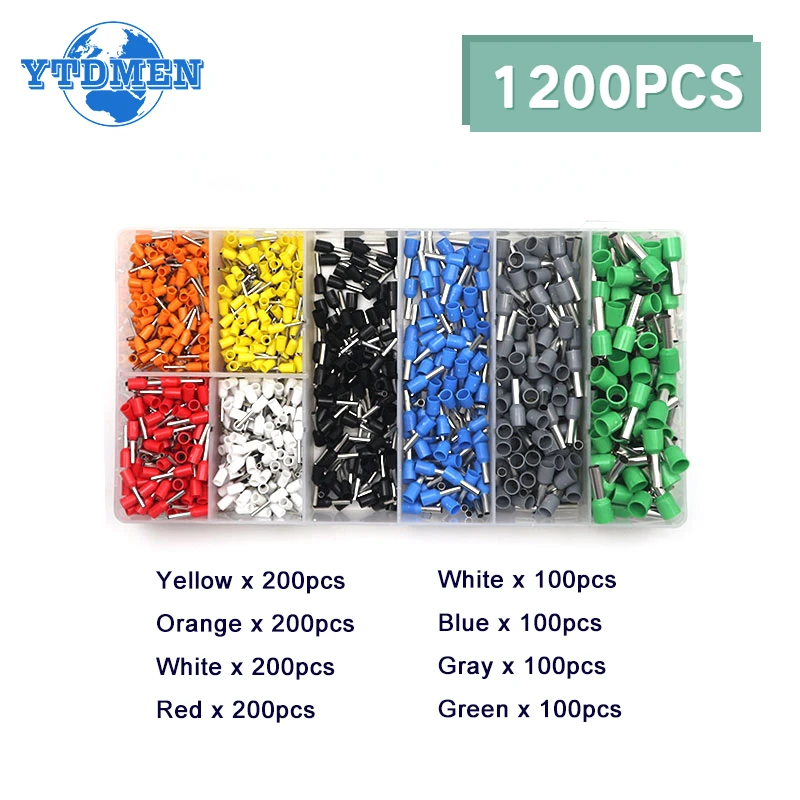 1200PCS E0506 E0508 E7508 E1008 E1508 E2508 Insulated Ferrules Terminal Block Cord Wire Connector Electrical Crimp Terminator