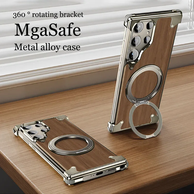 

360° Rotating bracket Magnetic Magsafe Case For Samsung Galaxy S24 Ultra car phone holder Walnut Wood Metal Protective cover
