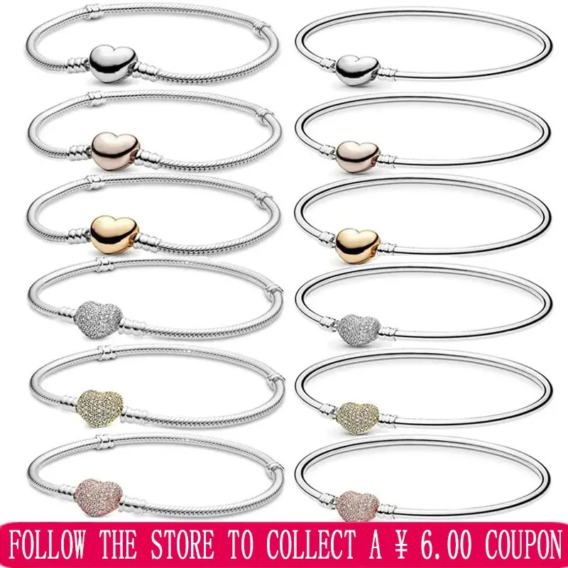 New Women's Gift 925 Sterling Silver Original Logo Moments Radiant Love and Snake Bracelet Moments Heart Chain Buckle Bracelet