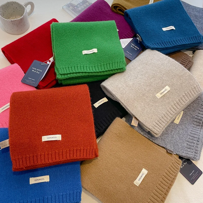 100% Wool Scarf Women Winter Simple Classic Solid Color Wraps Men Couple Scarf Soft Warm Thermal Knit Muffler