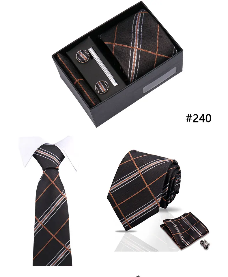 Top Quality Tie Set Gift Box Necktie Pocket Squares Cufflinks Tie-Clip Set With Black Box Men Birthday Gift Gravatas Accessories