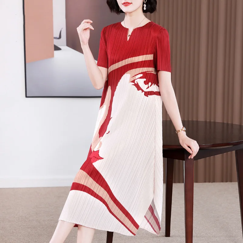

ALSEY Miyake Pleated Dress for Women 2023 New Streetwear Short Sleeve Dress Fashion Face Print Elegant Party Dresses for Female
