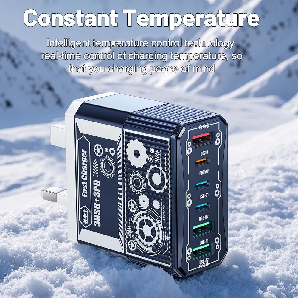 25W 3USB+3PD Charger 6 Ports Fast Charging QC3.0 Type C Mobile Phone Wall Adapter for iPhone Xiaomi Samsung EU/US/UK Plug