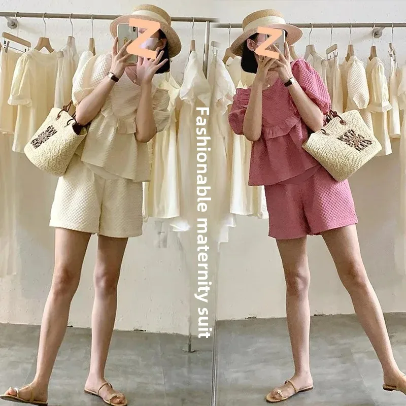 Maternity Fashion Summer Short Pants Set Korean Style Top And Shorts Combo for Pregnant Women Comfortable Wear