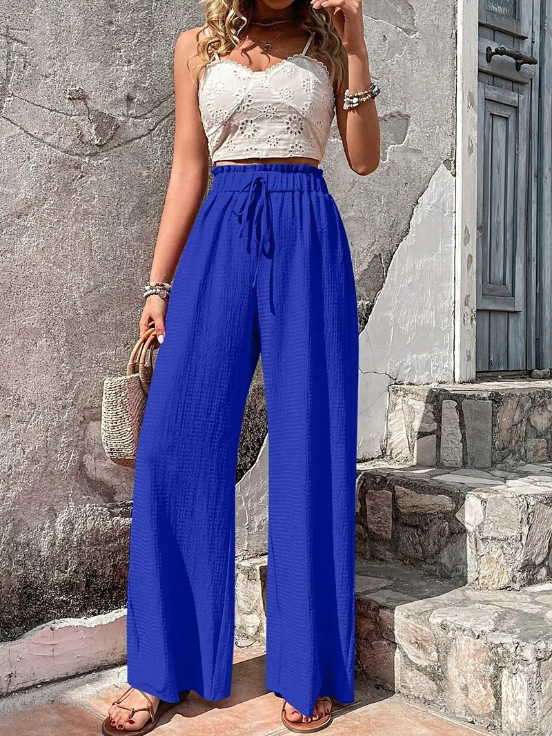 Women's 2024 Spring and Summer New Fashion Everything with Bubble Lattice Leisure Wide Leg Pants
