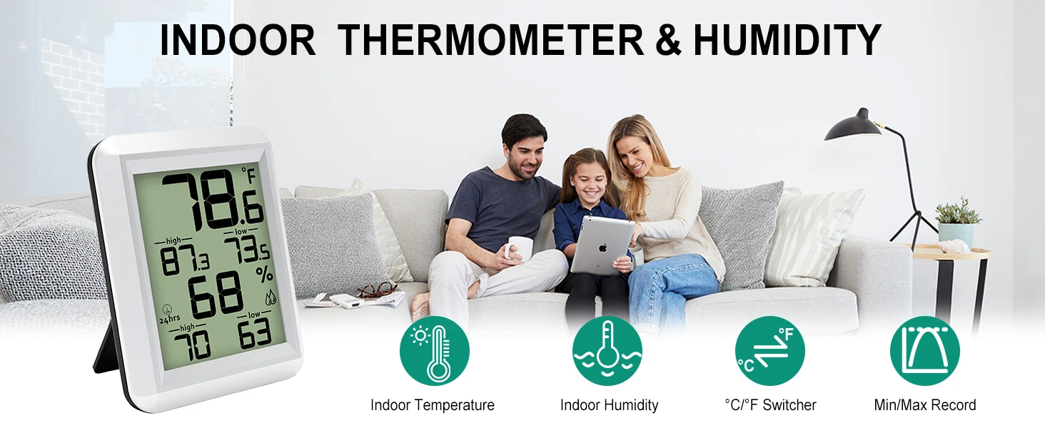 【2025 Upgraded 】Digital Hygrometer Thermometer with Large Dual Display 24H High/