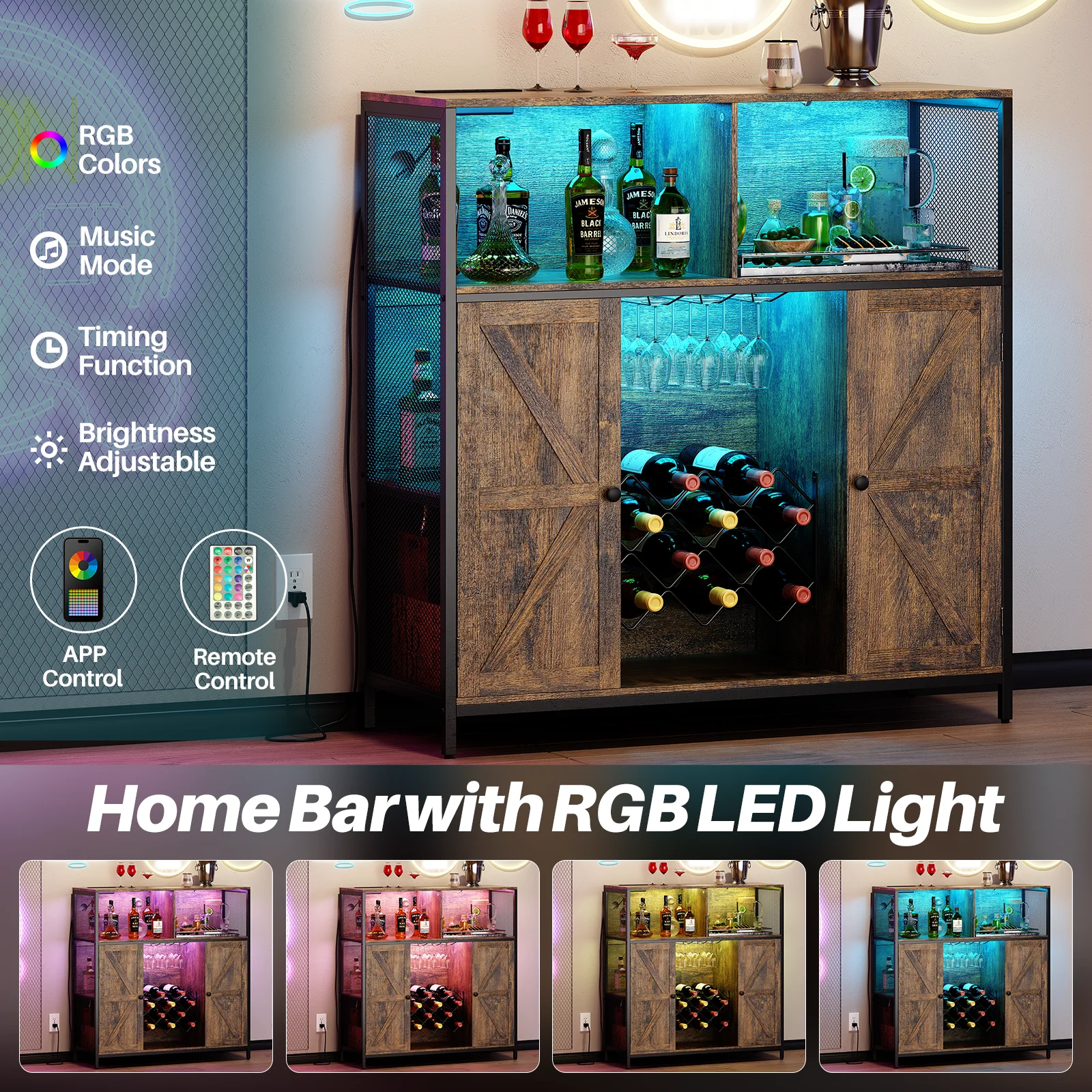 Redlife Bar Cabinet w/ Power Outlets Liquor Cabinet w/ LED Light Glass Holder Industrial Storage Buffet for Home Kitchen