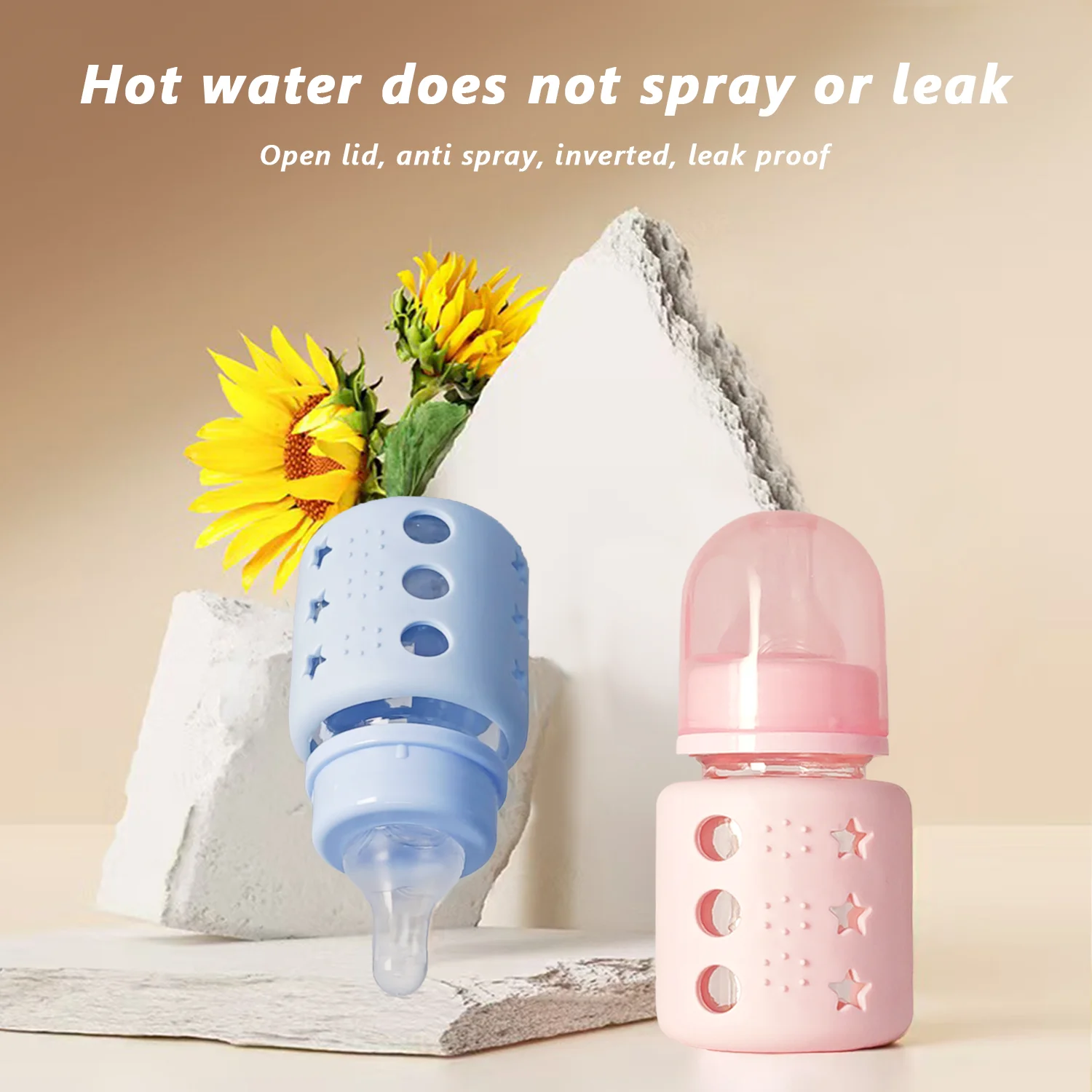 60ML baby glass bottle with star silicone protective cover, cartoon anti-fall, leak-proof, anti-scalding, BPA-free, gift