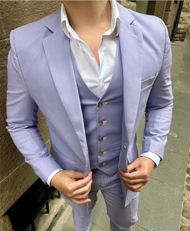 Men's Linen Casual Style 3 Piece Suits Wedding Groom Tuxedo