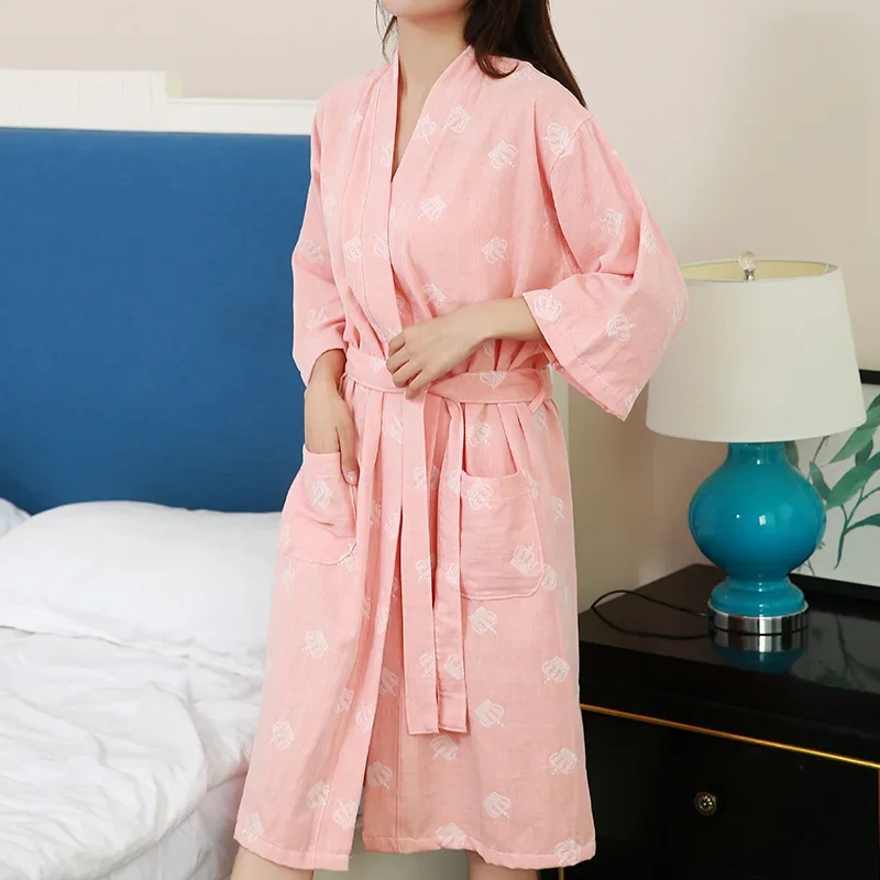 Spring and Summer Thin Half Sleeve Women's Sleepwear Cotton Bathrobe Yukata Clothes Water Absorbing and Breathable Home Robes