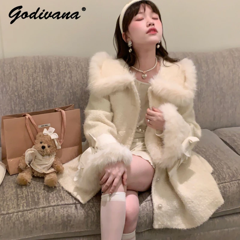 

Sweet Cute Large Lapel Mid-length Coat Autumn and Winter Women's Warm Woolen Coat Outerwear Long Sleeve Jacket for Girls