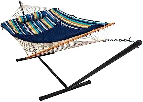 

Outdoor Hammock with 12 ft Steel Stand, 2 Person Cotton Rope Hammock with Quilted Pad and Detachable Pillow, Spreader Bars, Mag