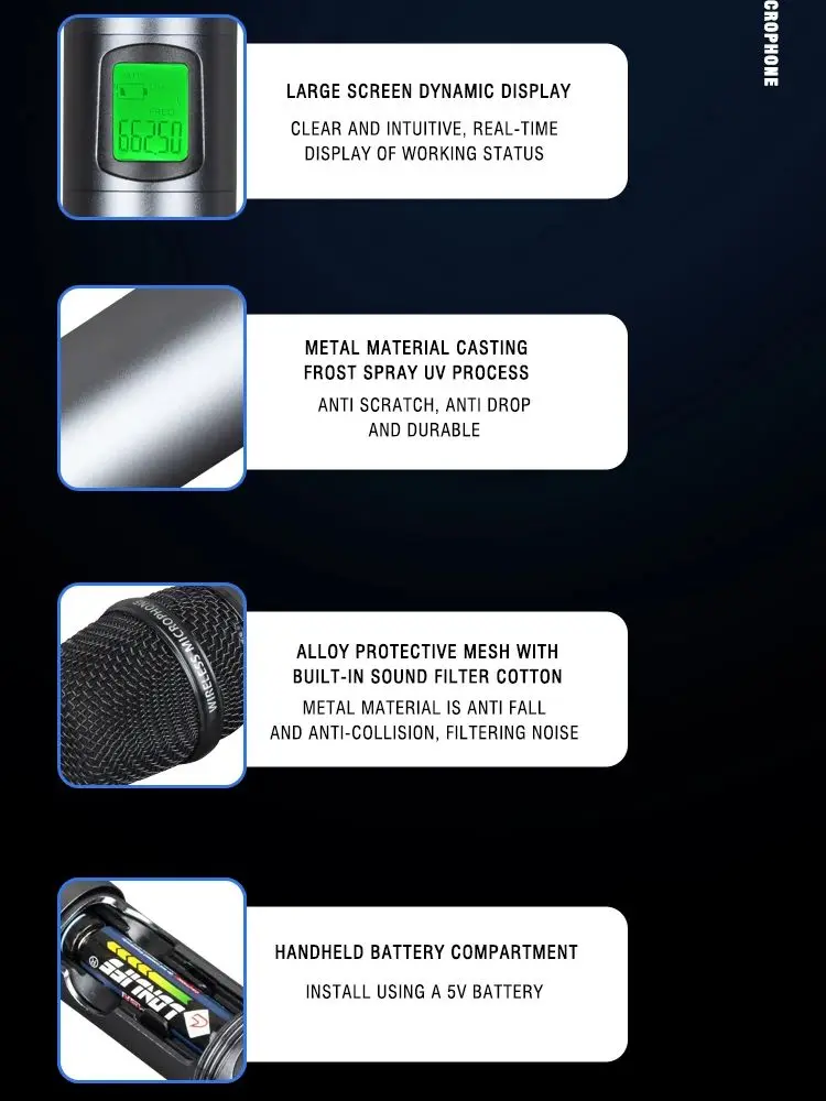 Microfono wireless professionale UHF Microfono per conferenze per spettacoli di nozze da palco per karaoke portatile in metallo a 2 canali - Image 5