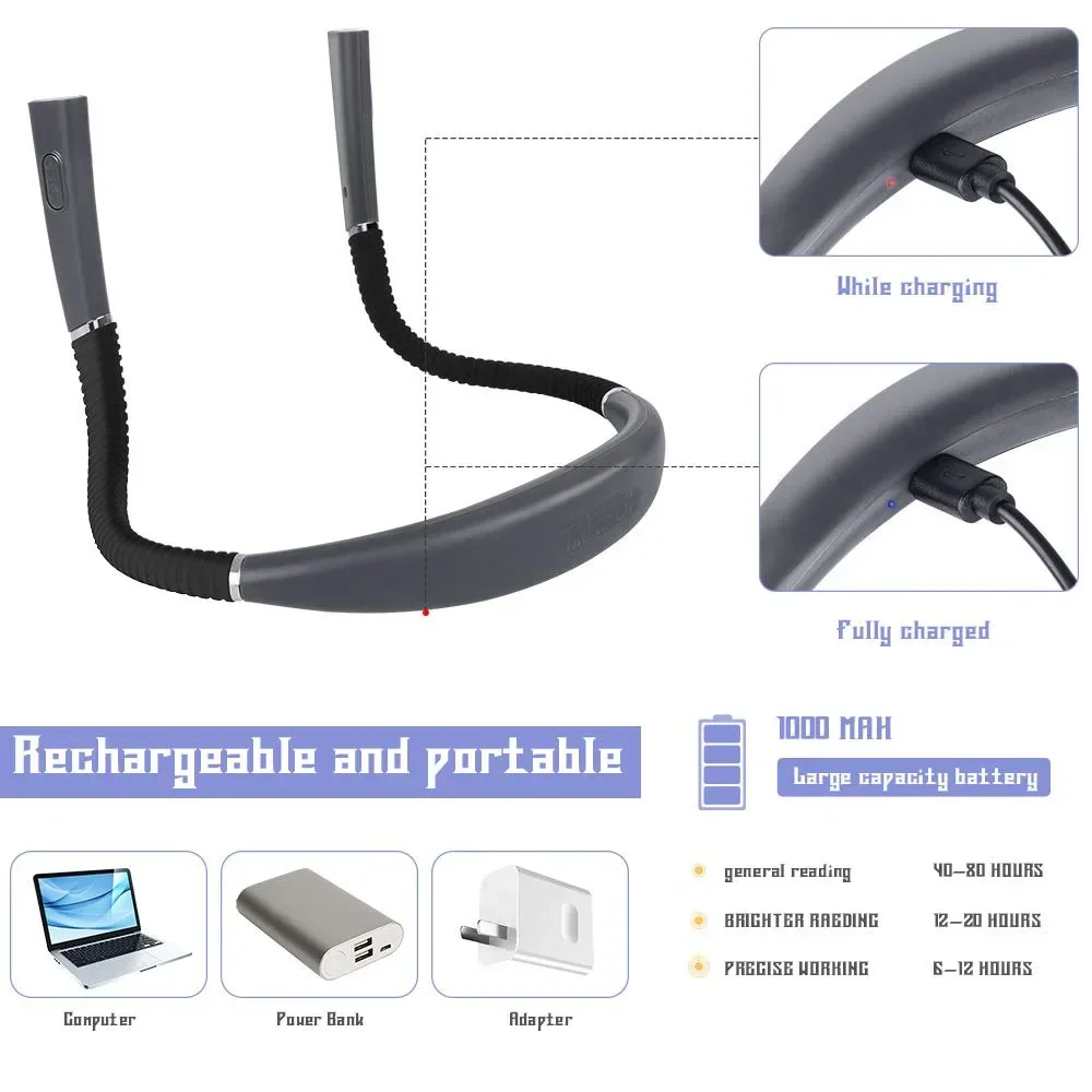 Neck Reading Light Novelty Flexible Neck Lights Handsfree Book Light Hanling Read Lamp Portable USB Rechargeable Book Lighting book light