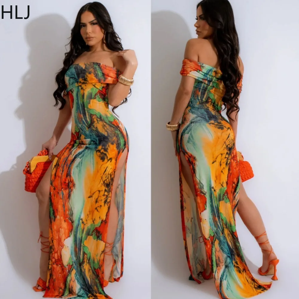 

HLJ Spring New Tie Dye Printing Off Shoulder Slit Dresses Women Backless Bodycon Party Club Vestidos Fashion Female Slim Clothes