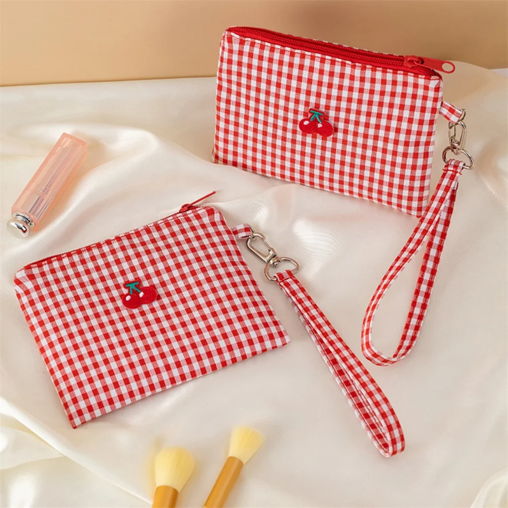 Red Cherry Canvas Makeup Bag, Portable And Easy To Carry. Red Plaid, Large Capacity Cosmetic Lipstick Storage Bag Travel Handbag
