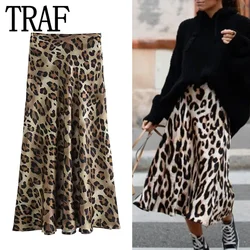 TRAF Leopard Print Satin Skirt Women High Waist Vintage Midi Skirt Woman Fashion Elegant Long Skirts For Women 2024 Summer Skirt