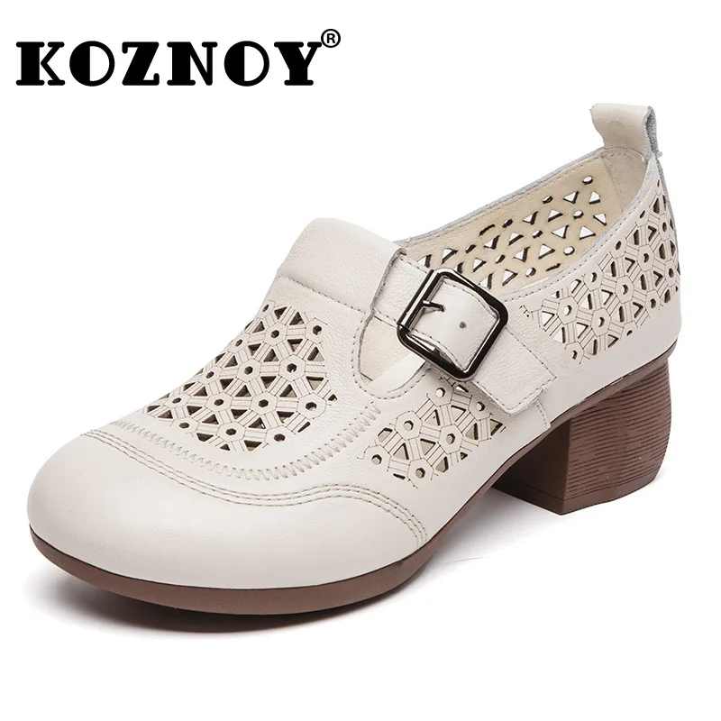 

Koznoy 5cm Natural Cow Genuine Leather Platform Wedge Hollow Sandals Moccasins Flats Hook Women Chunky Heels Female Ladies Shoes