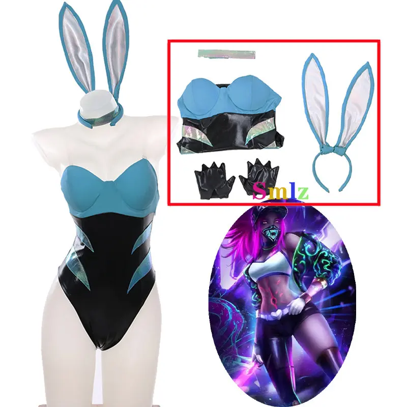 

Akali Cosplay Game LOL KDA Akali Bunny Sexy Jumpsuits Glove Women Tights Dress Party Halloween Costumes