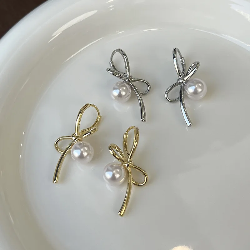 Minimalist Bowknot Pearl Hoop Earrings For Women Lady Trendy Valentine Dangle Earrings Party Wedding Jewelry Gift