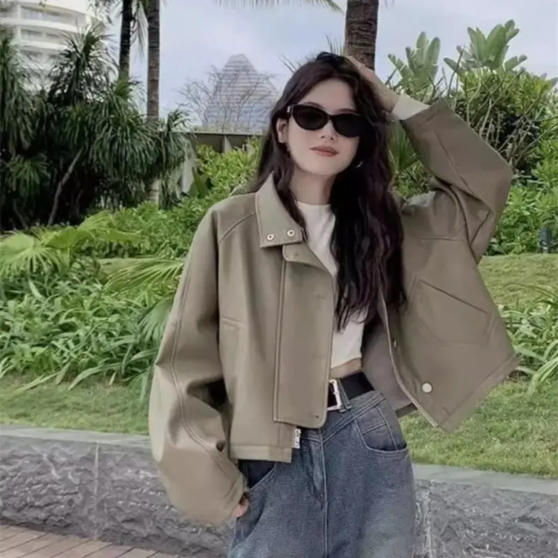 Standing Collar Short Jacket PU Leather Jacket for Women's 2024 Autumn Loose Fitting American Retro High-end Loose Casual Jacket
