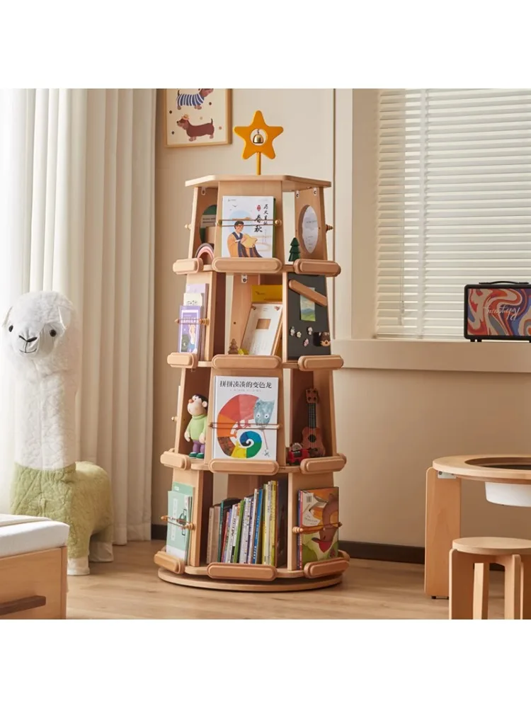 Children's rotating bookshelf 360-degree bookcase Solid wood picture book floor storage display cabinet