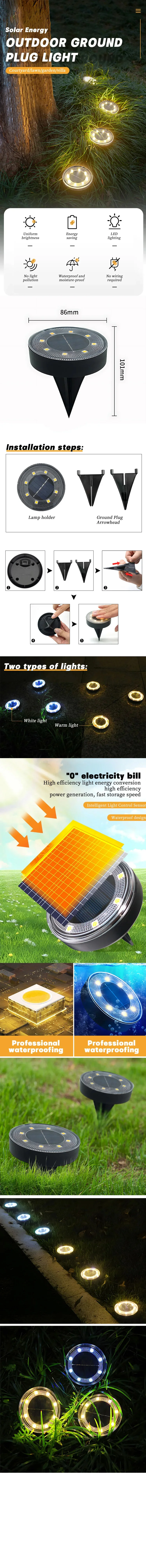 Solar ground lights IP68 waterproof 8 LED deck pathway lamp