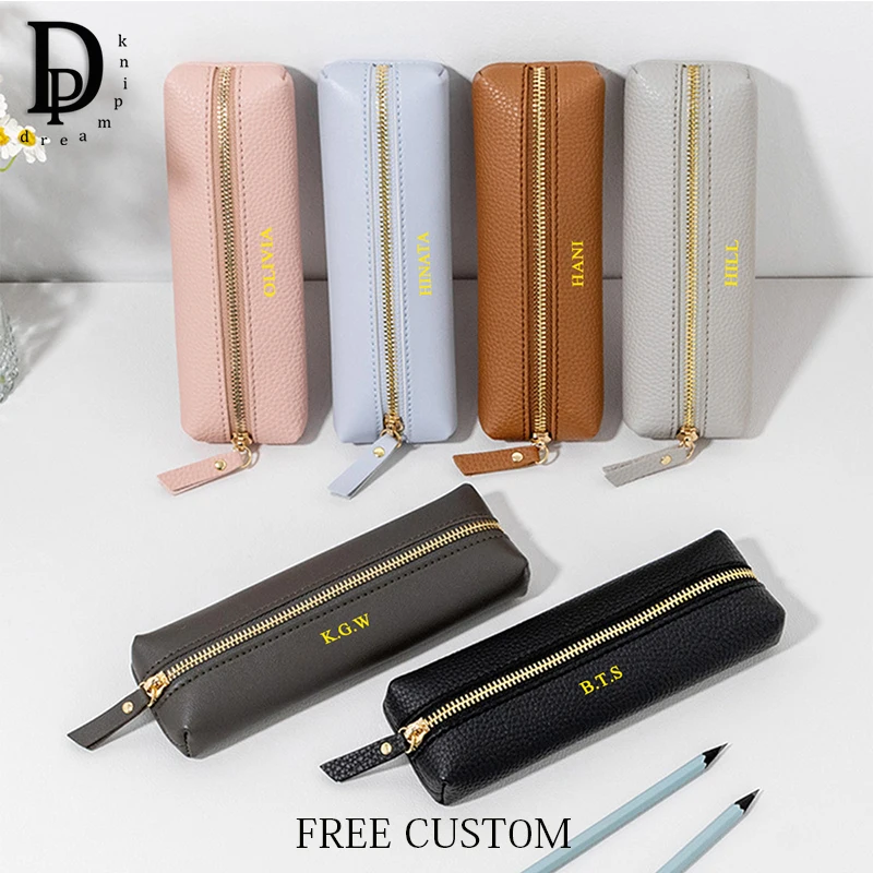 

Custom Name Leather Zip Pencil Case Engrave Initials Studunt Fashion Stationary Business Office Pen Holder Children School Gift