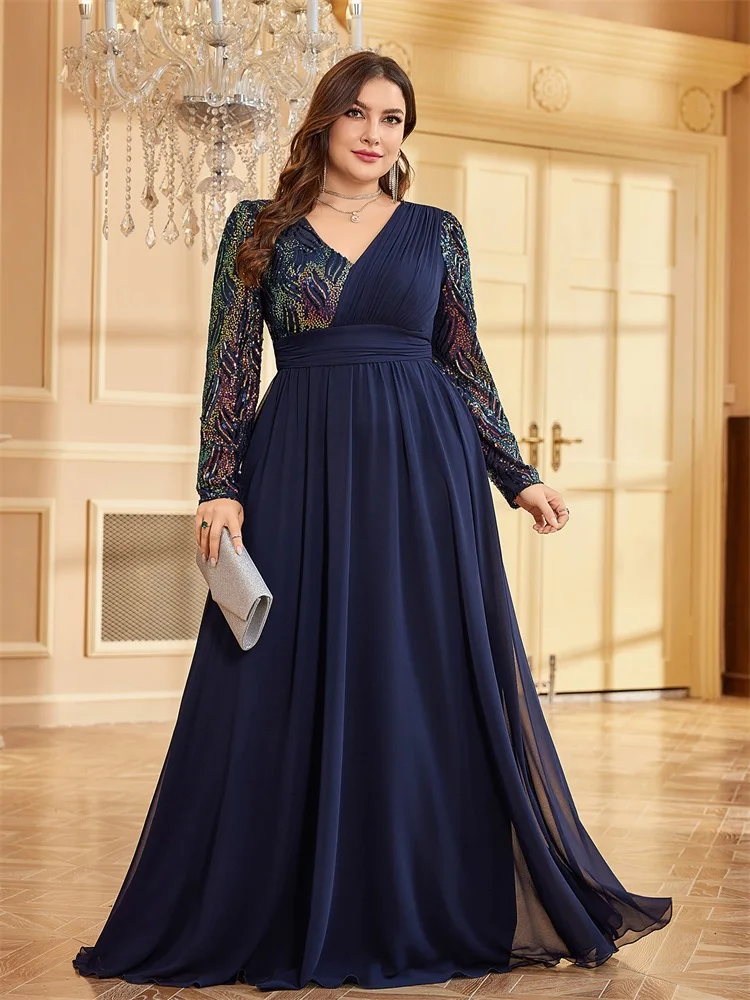 Lucyinlove Plus Size Luxe Chiffon Avondjurken Met Lange Mouwen Vrouwen Pailletten Blauw Bruiloftfeest Cocktail Prom Floor Lenght Jurken