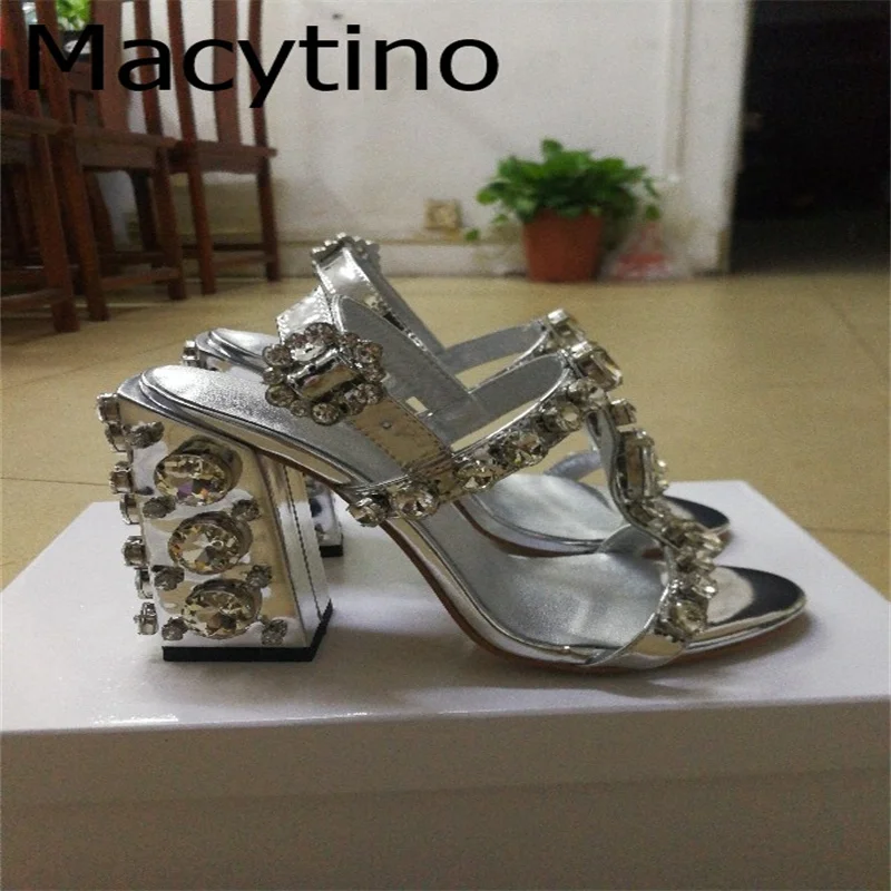 

White Crystal High Heel Sandals Women T-strap Open Toe Full Pearled Chunky High Heels Summer Shoes Woman Daily Shoes