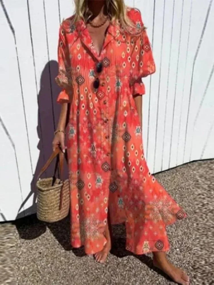 Wmstar Women Dress Wholesale Loose Pleated Independent Station Printed Temperament Commuter Long Sleeve Dresses New Style