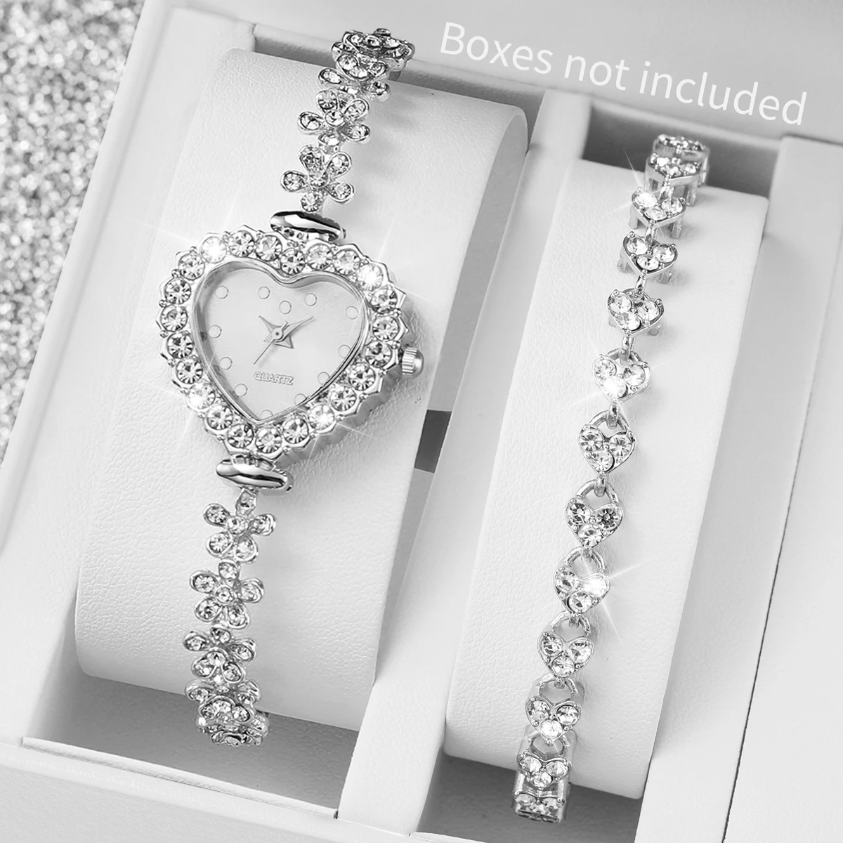 2PCS Set Women Watches Luxury Rhinestone Bracelet Ladies Heart Dial Quartz Wristwatches Dress Clock Montre Femme（Without Box ） 2