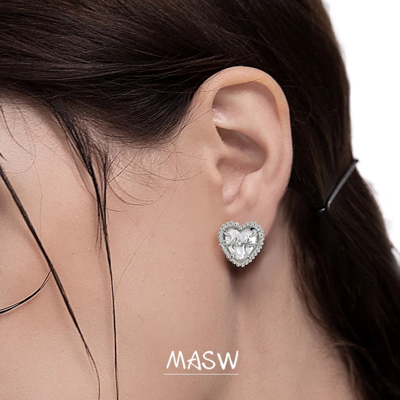 MASW Original Design Luxury Temperament Cool Thick Silver Plated Heart Stud Earrings For Girl Women Jewelry Gift Hot Sale