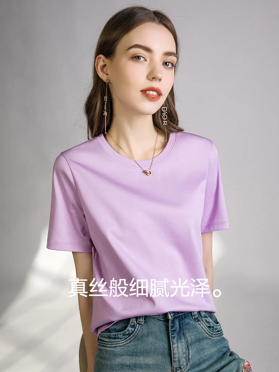 80 Pieces Liquid Ammonia Silk Cotton White Short Sleeved Shoulder T-shirt for Women's Spring/summer V-round Neck Basic Top 4