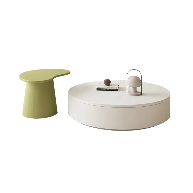 

HXL Cream Style White round Tea Table Household Living Room Simple Small Apartment Baking Finish Tea Table