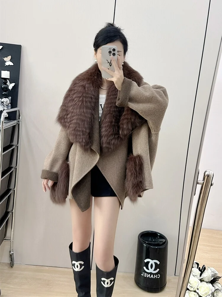 Women Autumn Knitted Cardigans With Belt Real Fox Fur Fur Striped Coat Outwear Female Luxury Sweater