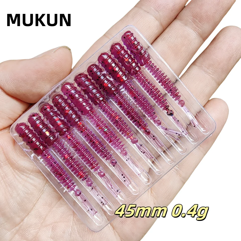 MUKUN Wurmköder, 10 Stück, Mini-Köder, 45 mm, 0,4 g, weicher Silikonköder, künstliche Larve-Gummi-Köder, Wobbler, Bass-Angelköder